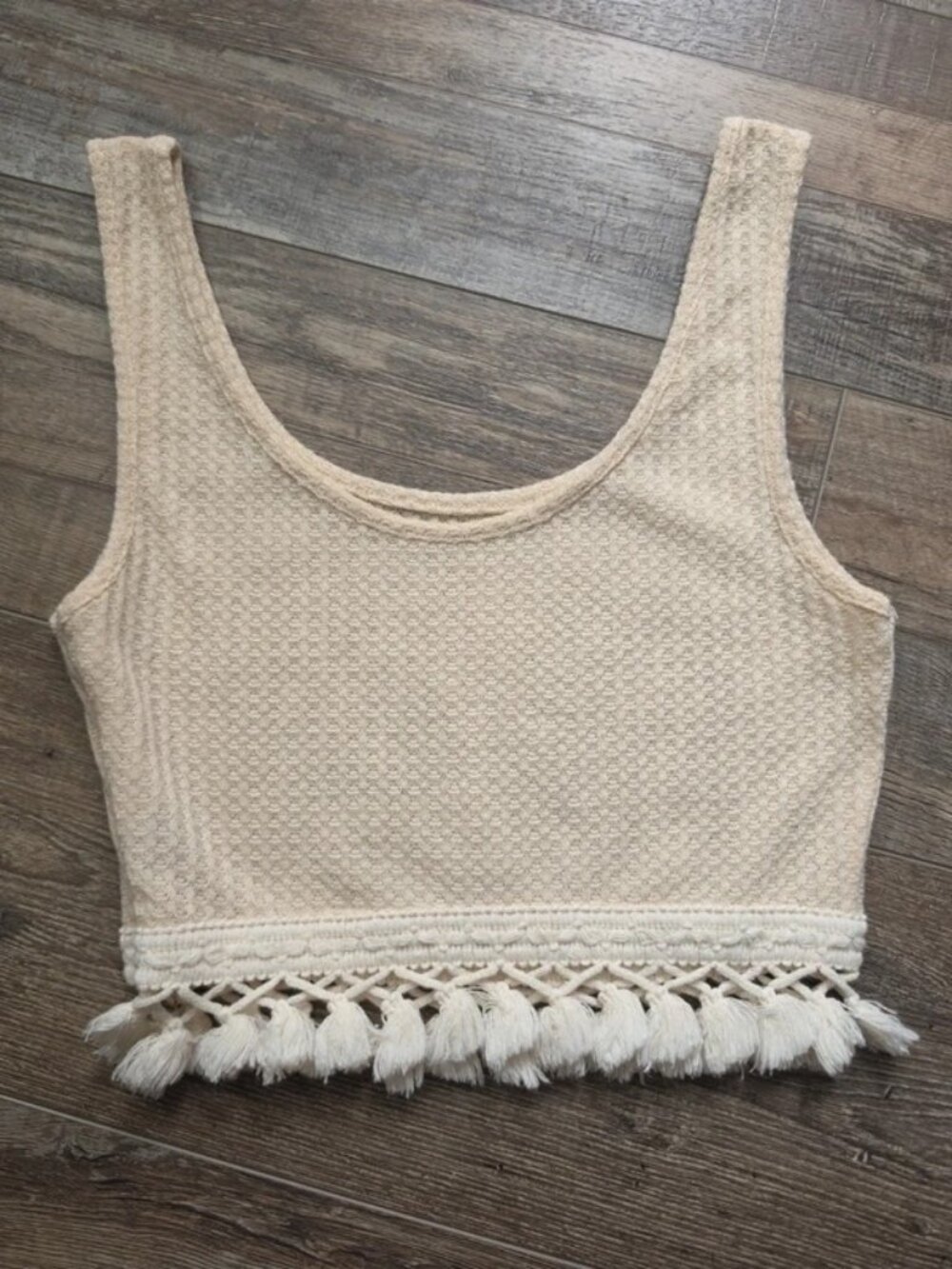 Shein beige knit tassel crop top XS New festival vacation boho